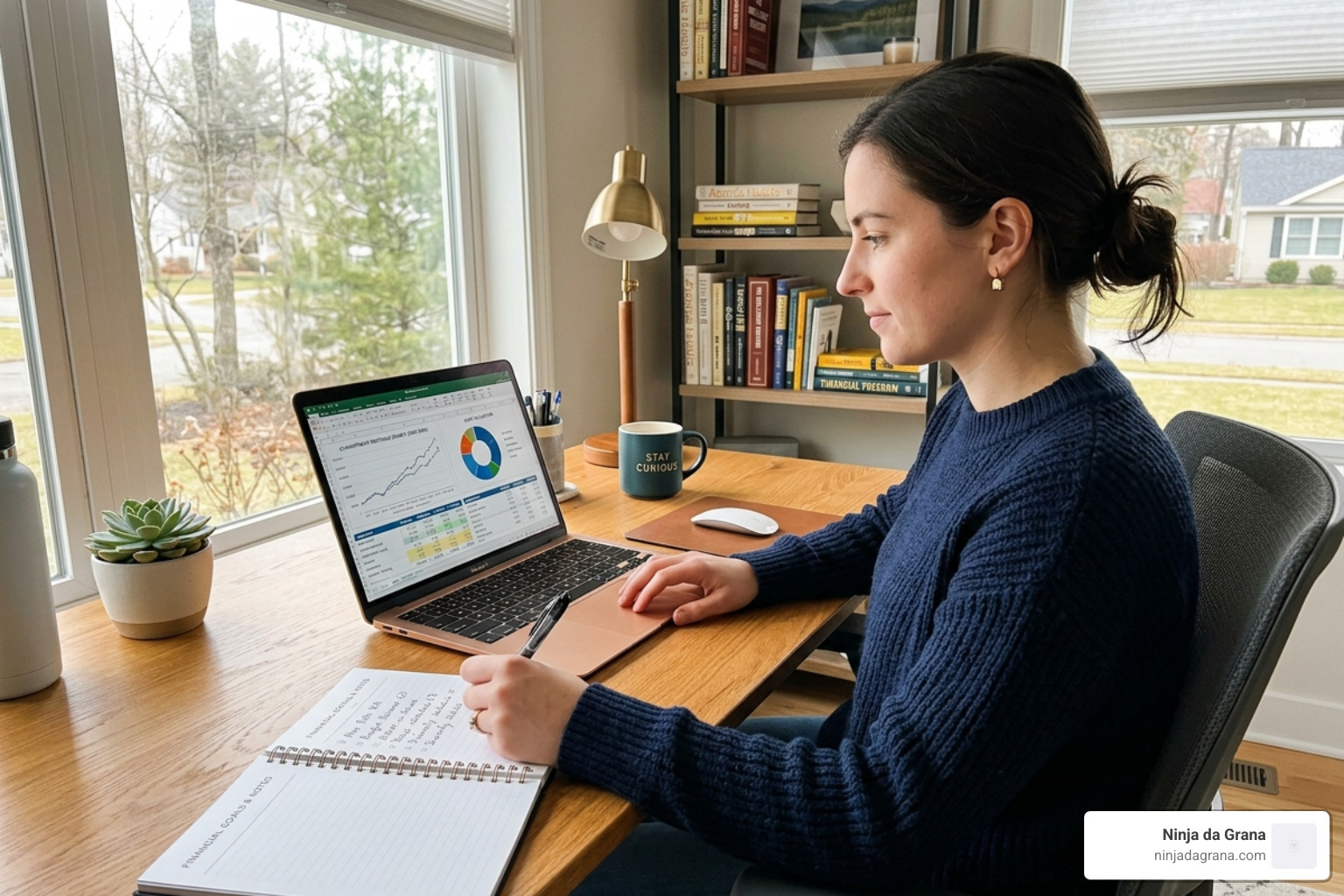 Person sitting at a desk with a laptop and a notebook, learning about personal finance online - online financial literacy