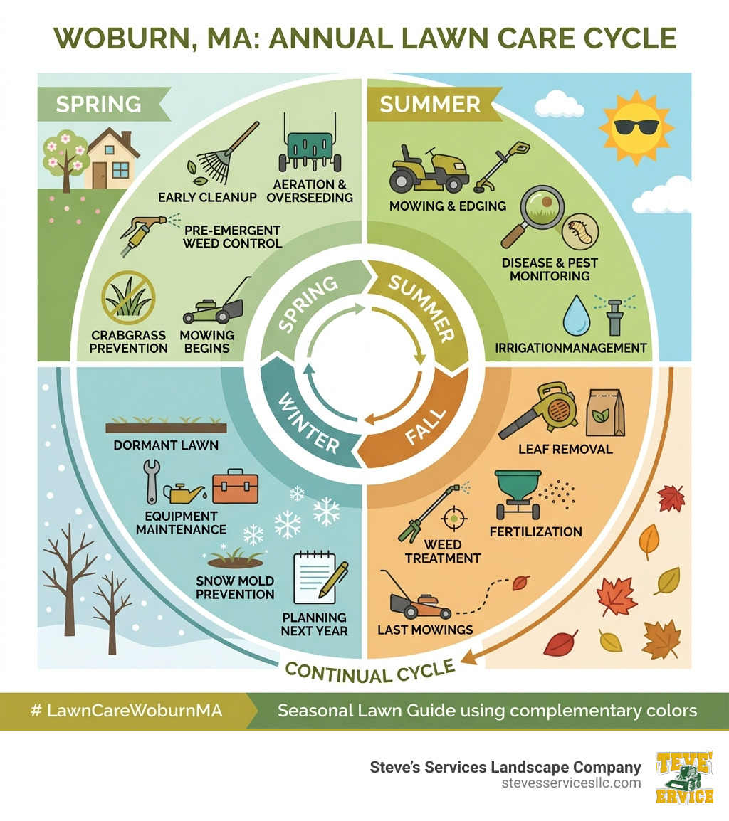 Annual lawn care cycle infographic for Woburn MA showing seasonal tasks from spring to winter - Lawn care Woburn MA
