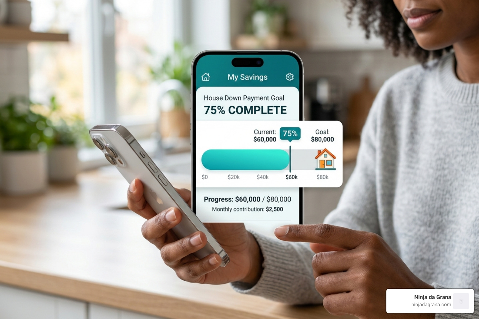 A savings progress bar showing 75% completion toward a house down payment goal - financial goal tracking