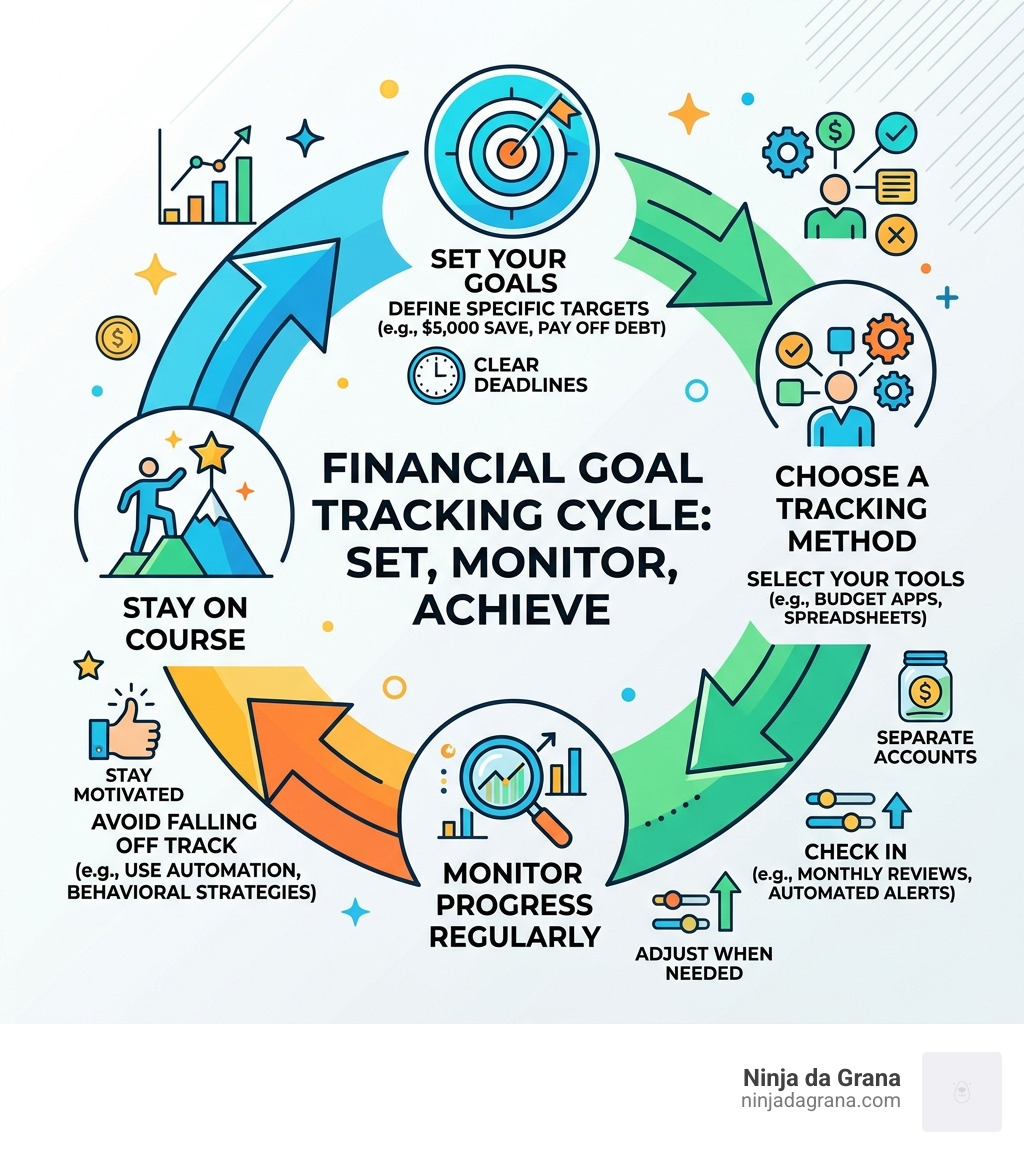 Cycle of setting, tracking, and achieving financial goals with key steps and tools - financial goal tracking infographic 