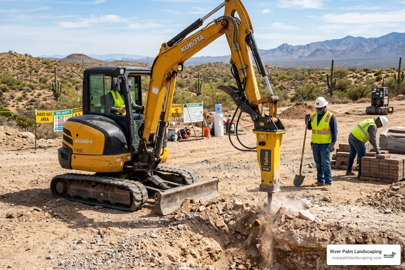 excavation equipment breaking through caliche soil during a hardscape project - desert hardscape installation services