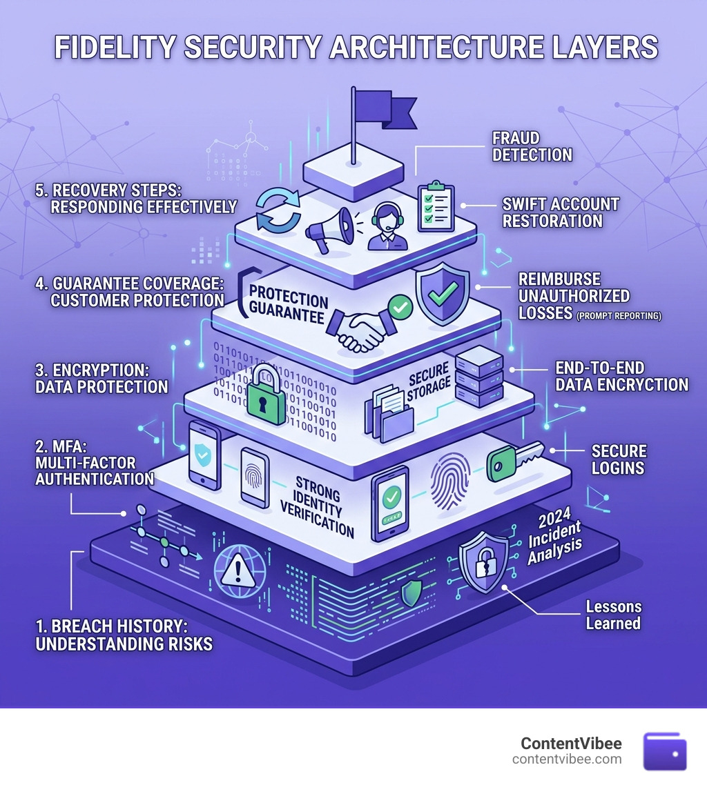 Fidelity security architecture layers: breach history, guarantee coverage, MFA, encryption, recovery steps - Fidelity