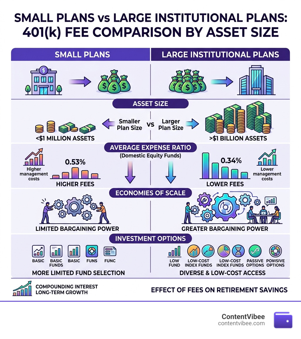 Table comparing 401k fees in small plans vs large institutional plans by asset size - 401k Investment Companies Fees and
