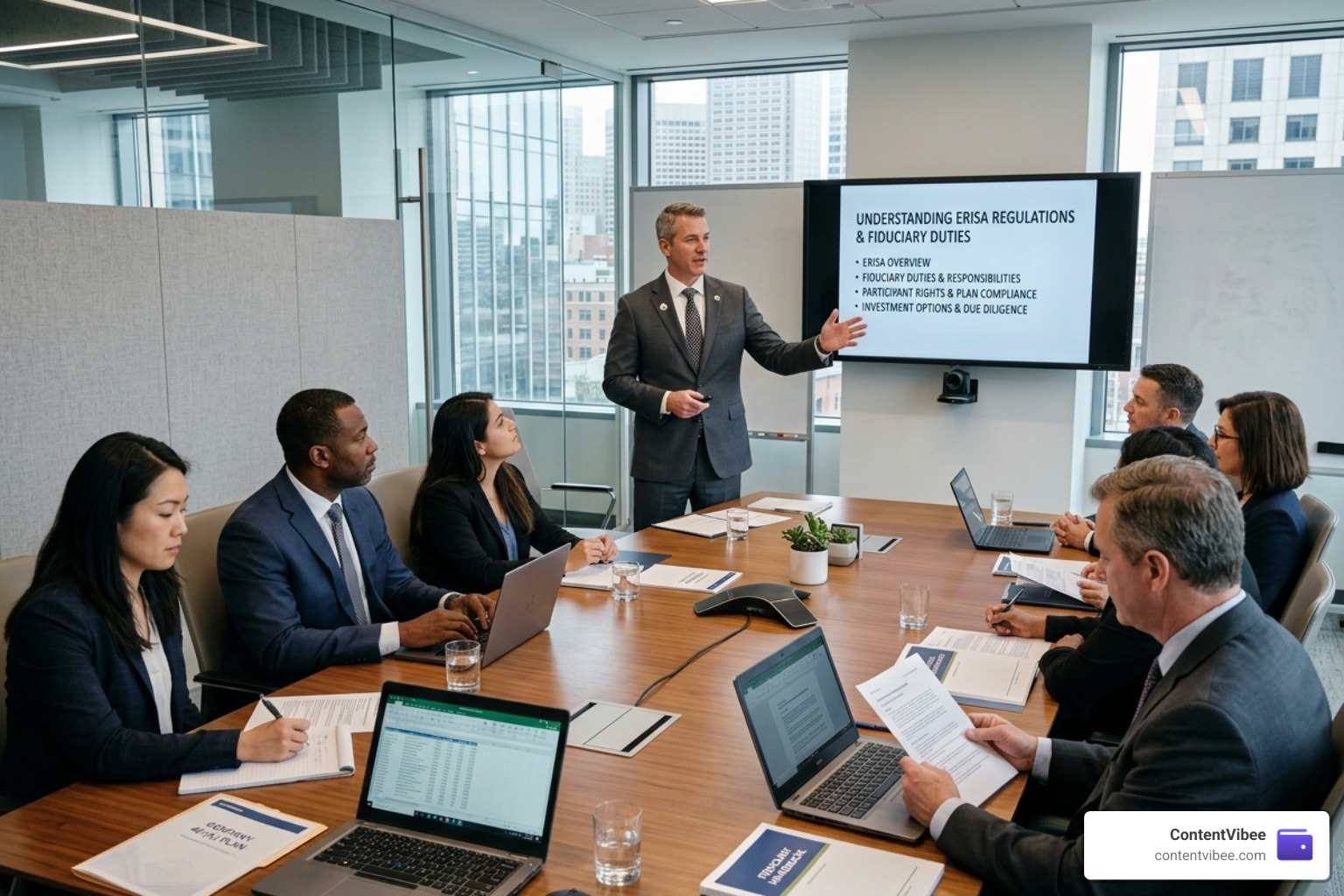 A financial advisor explaining ERISA regulations and fiduciary duties to a group of employees - 401k Investment Companies