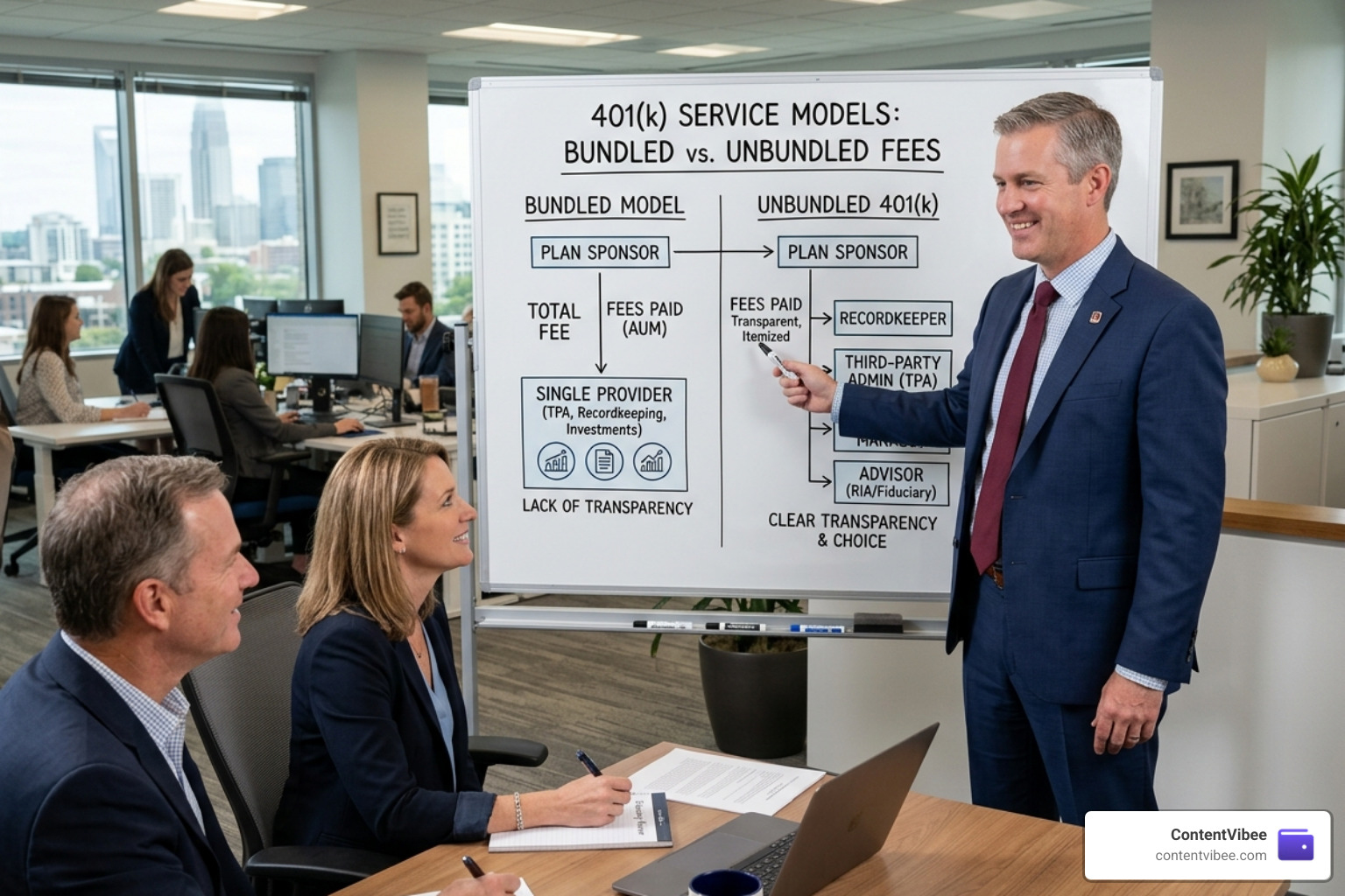 Comparison chart of bundled vs unbundled 401k service models and fee flows - 401k Investment Companies Fees and Retirement