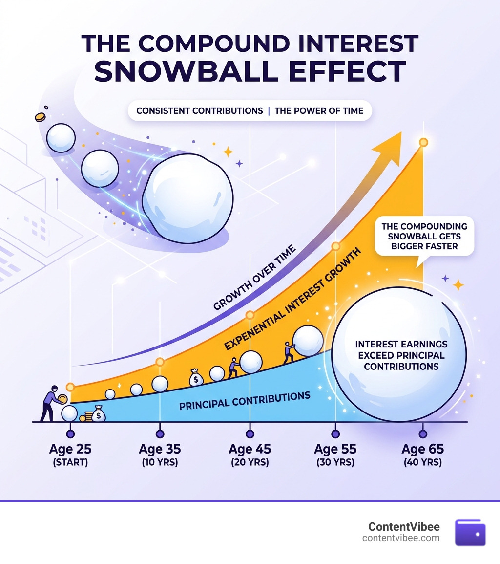 snowball effect of compound interest showing principal contributions and exponential interest growth over time - Compound