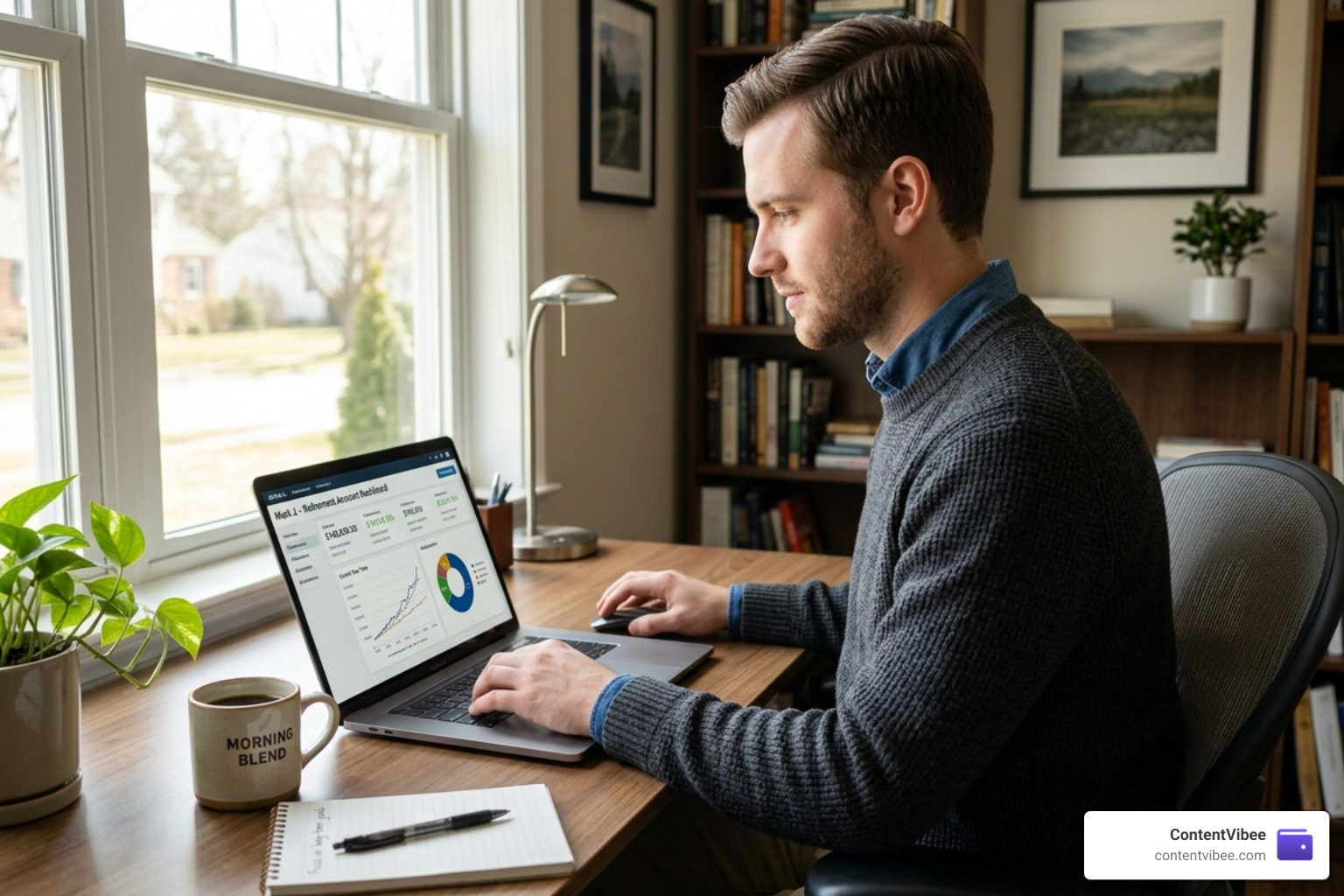 young professional sitting at a desk investing in a retirement account on a laptop - Compound Interest Calculator for