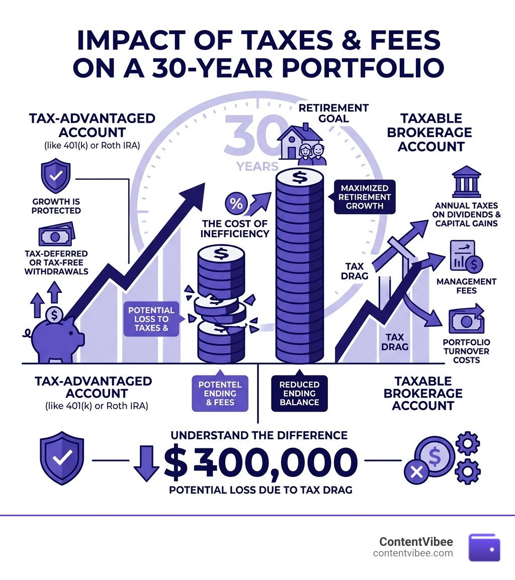 infographic showing the impact of taxes and fees on a 30-year investment portfolio - Compound Interest Calculator for