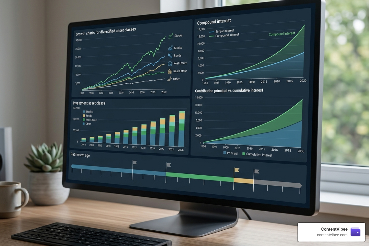 digital financial dashboard showing retirement projections and investment growth charts - Compound Interest Calculator for
