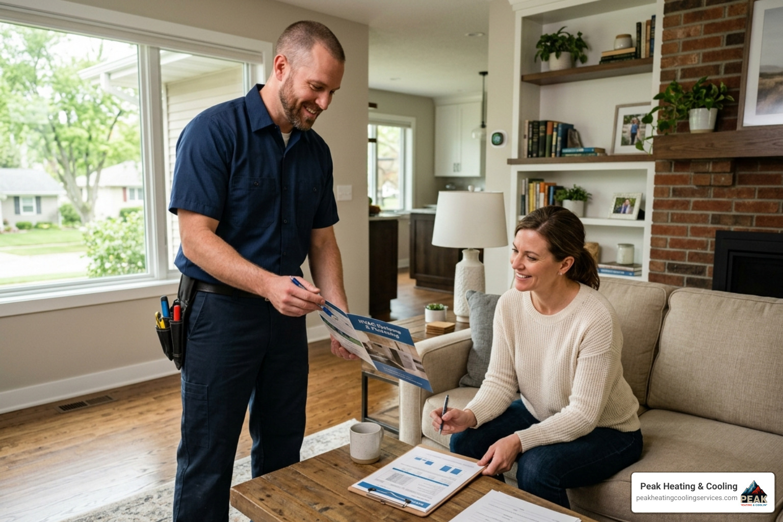 Professional technician in uniform explaining equipment options and financing paperwork to a homeowner in a well-lit living Professional technician in uniform explaining equipment options and financing paperwork to a homeowner in a well-lit living