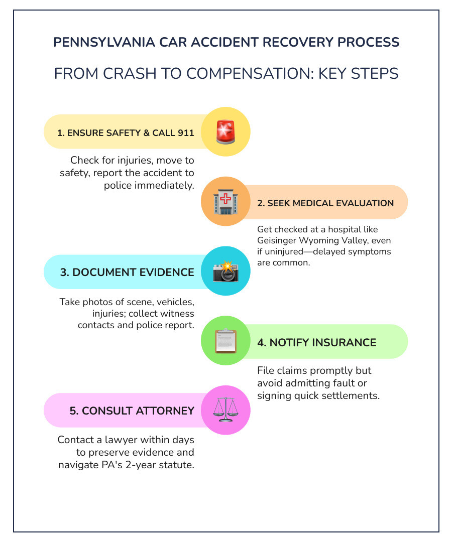 Pennsylvania car accident recovery process infographic showing steps from crash to compensation - wilkes barre car crash Pennsylvania car accident recovery process infographic showing steps from crash to compensation - wilkes barre car crash