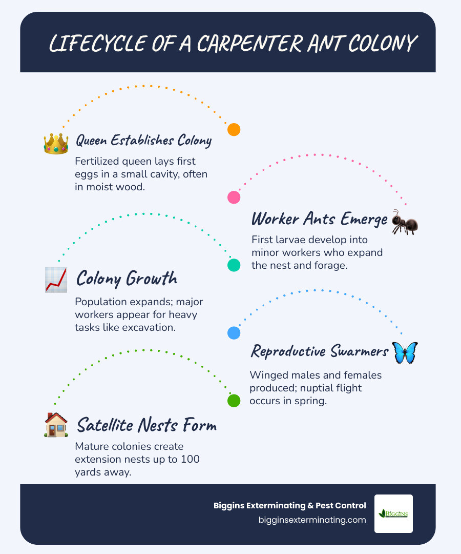 Lifecycle of a carpenter ant colony from queen to satellite nest - black carpenter ants Bedford infographic