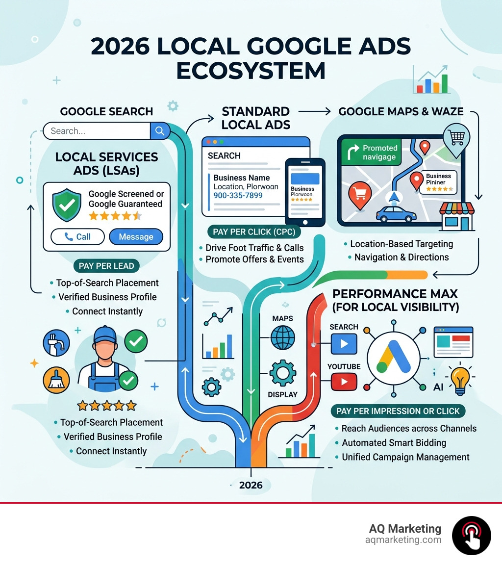 Infographic showing the 2026 local Google Ads ecosystem: Local Services Ads, Standard Local Ads, Maps, Waze, and Performance Infographic showing the 2026 local Google Ads ecosystem: Local Services Ads, Standard Local Ads, Maps, Waze, and Performance