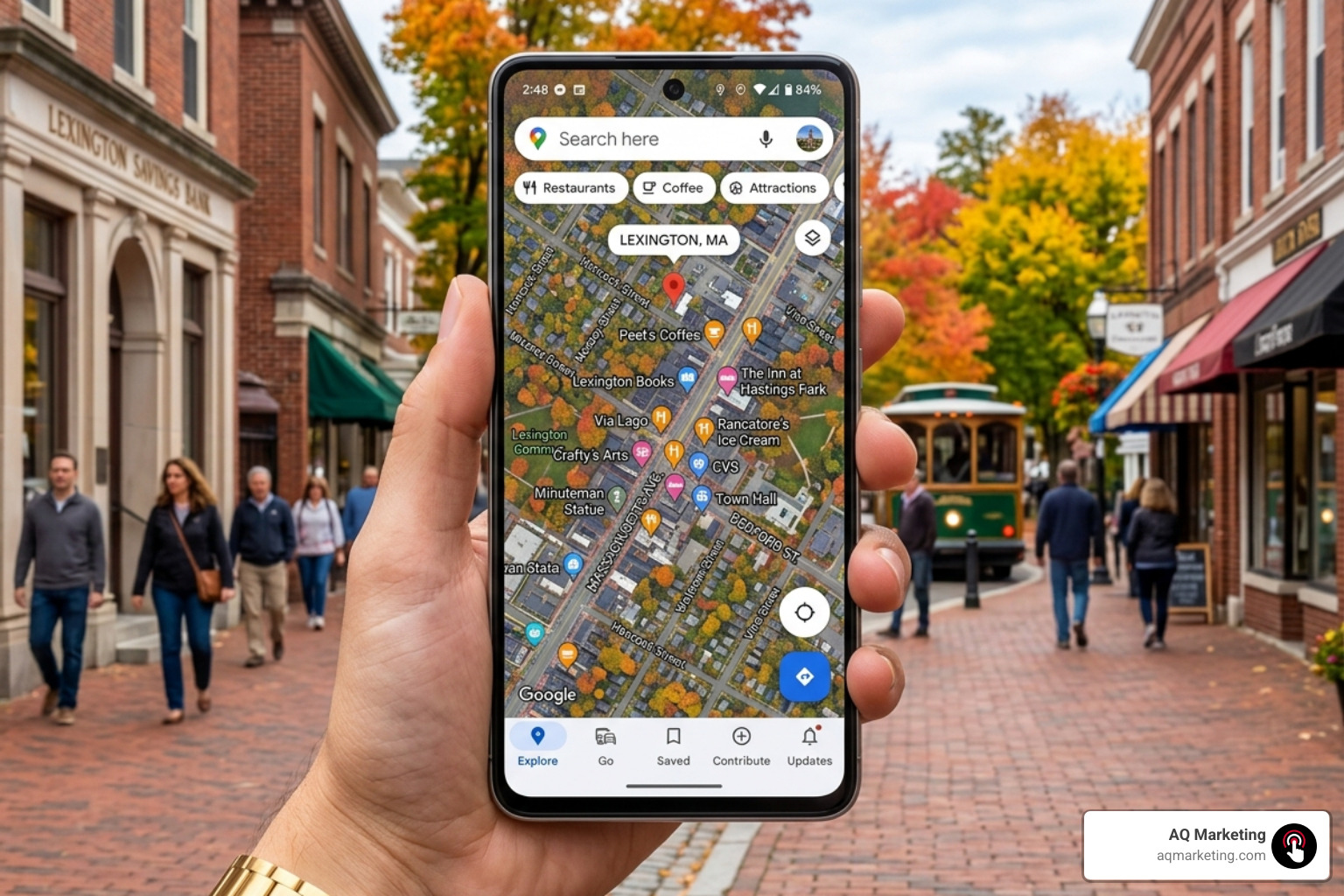 Google Maps interface showing local business pins in a Massachusetts town center - Local Google Ads Google Maps interface showing local business pins in a Massachusetts town center - Local Google Ads