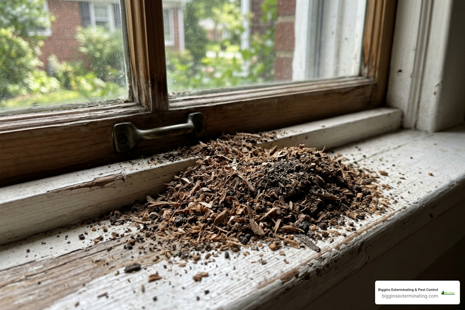 Sawdust-like frass near a window sill indicating a nearby nest - black carpenter ants Bedford