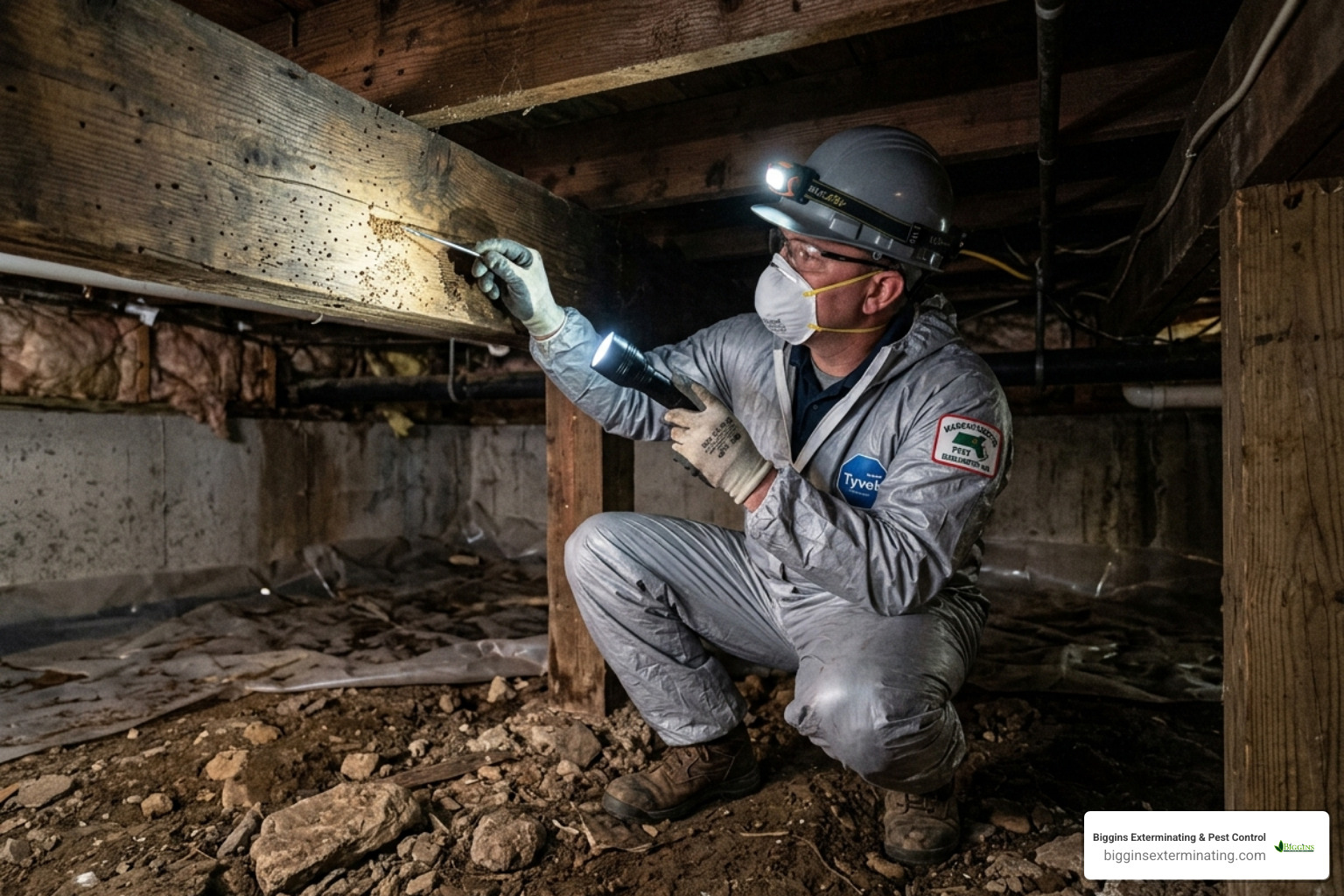 Technician inspecting a Burlington home crawlspace for wood-boring beetles - beetle extermination burlington ma