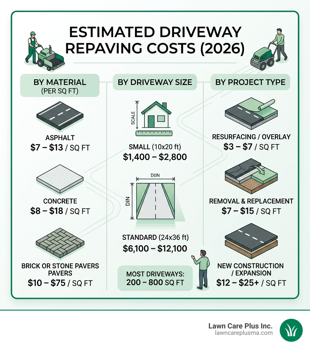 Infographic showing average driveway repaving costs by material, size, and project type - average cost for repaving a