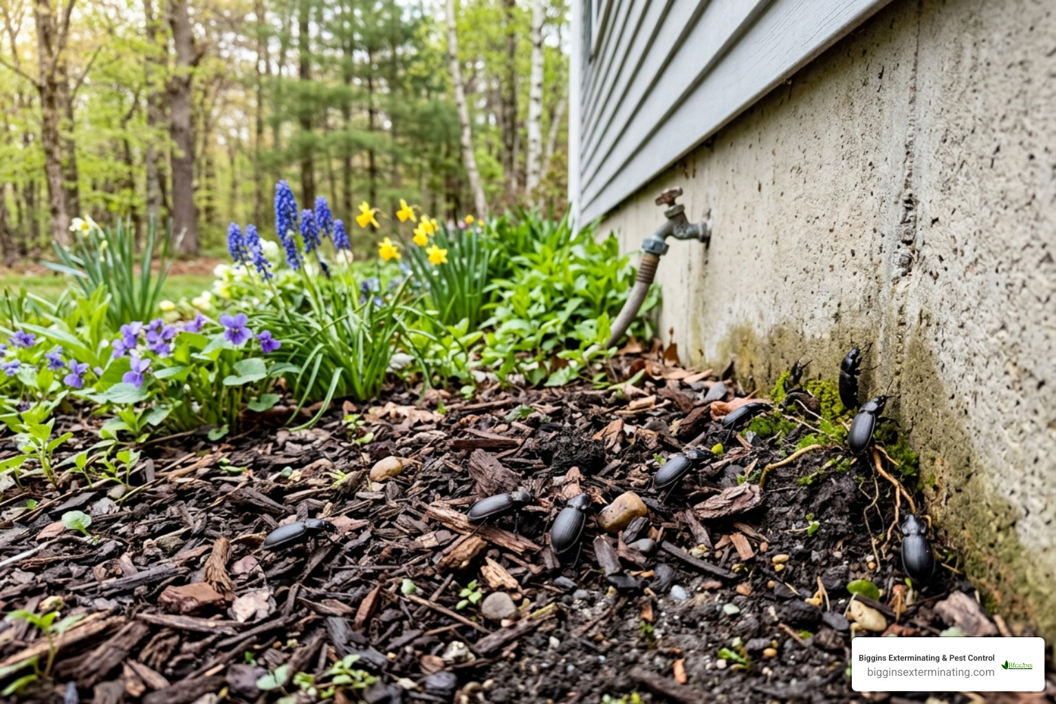 Spring beetle activity near a home foundation in Burlington - beetle extermination burlington ma