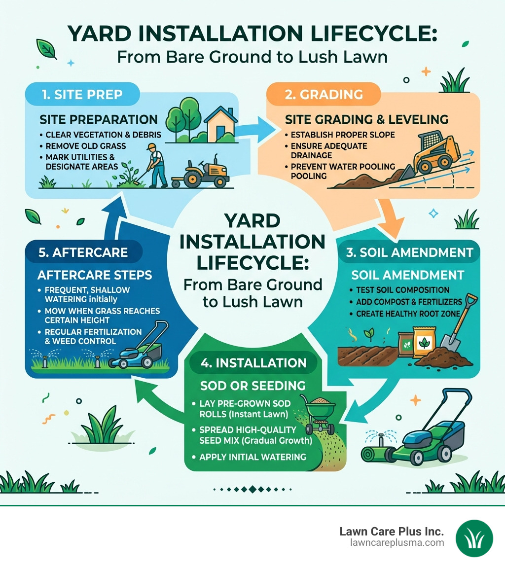 Yard installation lifecycle infographic showing site prep, grading, soil amendment, sod or seeding, and aftercare steps