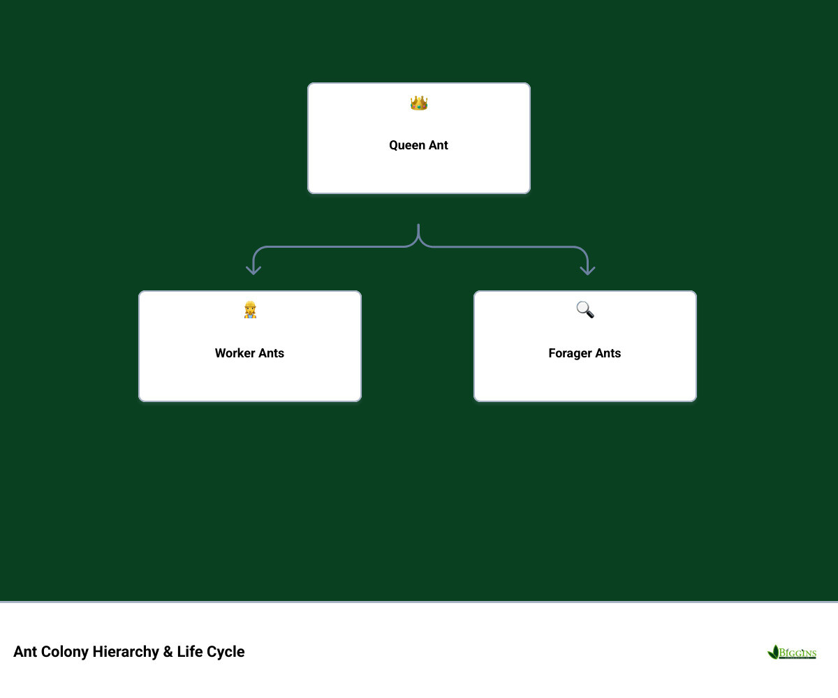 Ant colony hierarchy and life cycle infographic with queen, workers, and foragers - ant treatment at home infographic