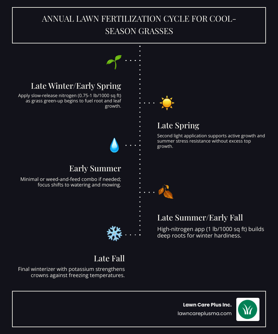 Annual lawn fertilization cycle infographic for cool-season grasses in New England - diy lawn fertilization guide