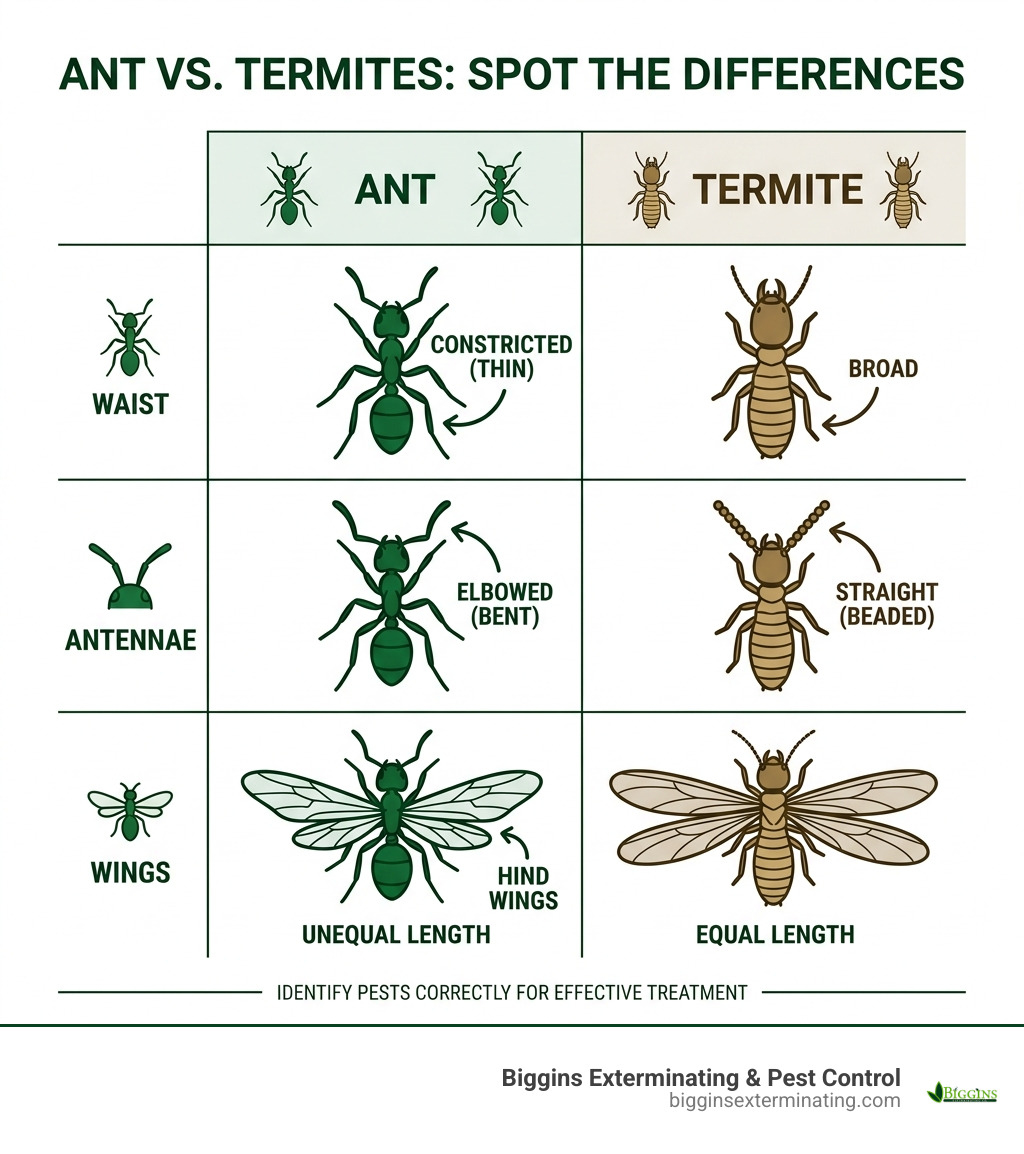 Table comparing physical differences between ants and termites - ant treatment at home infographic 