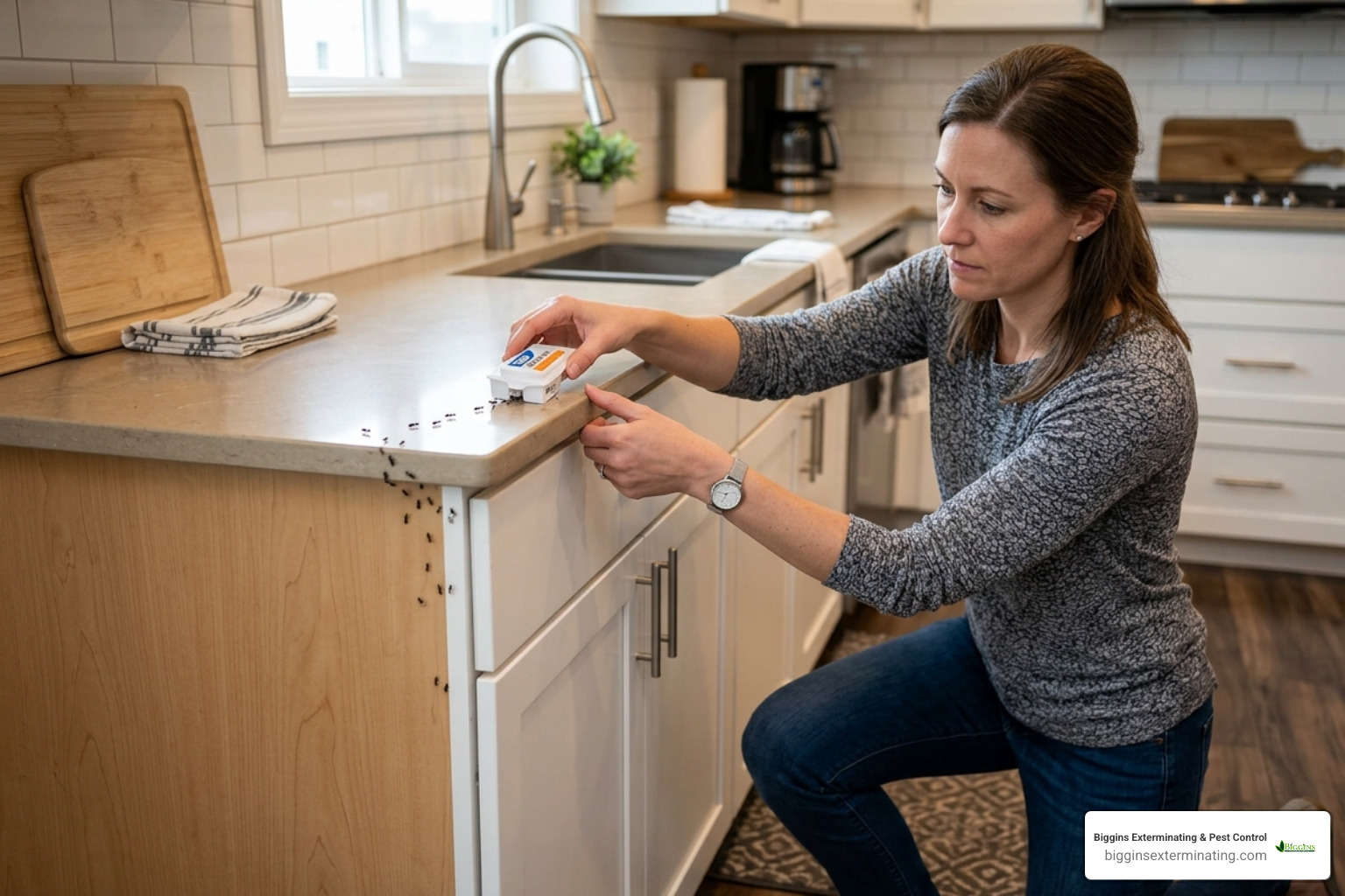 Homeowner applying safe bait stations in a kitchen area - ant treatment at home