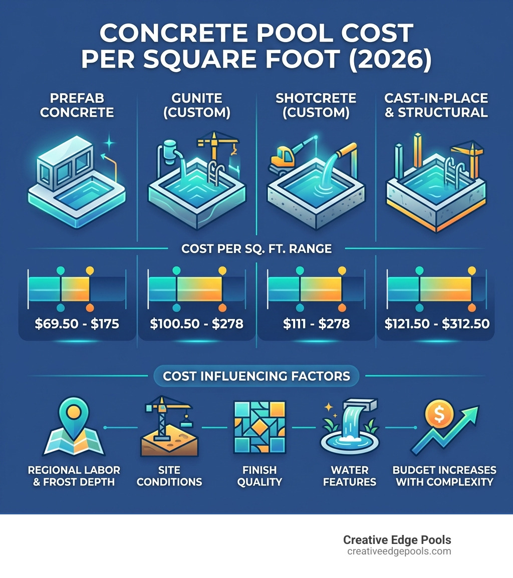 Infographic showing concrete pool cost per square foot ranges by construction type and project size - concrete pool cost per