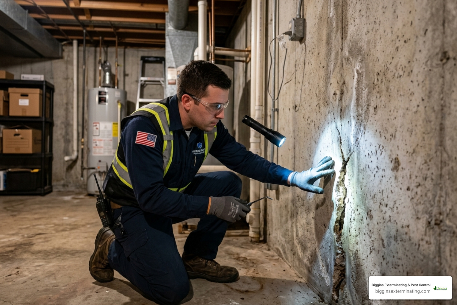 Pest control technician inspecting a residential basement for cockroach entry points - cockroach exterminator Billerica MA