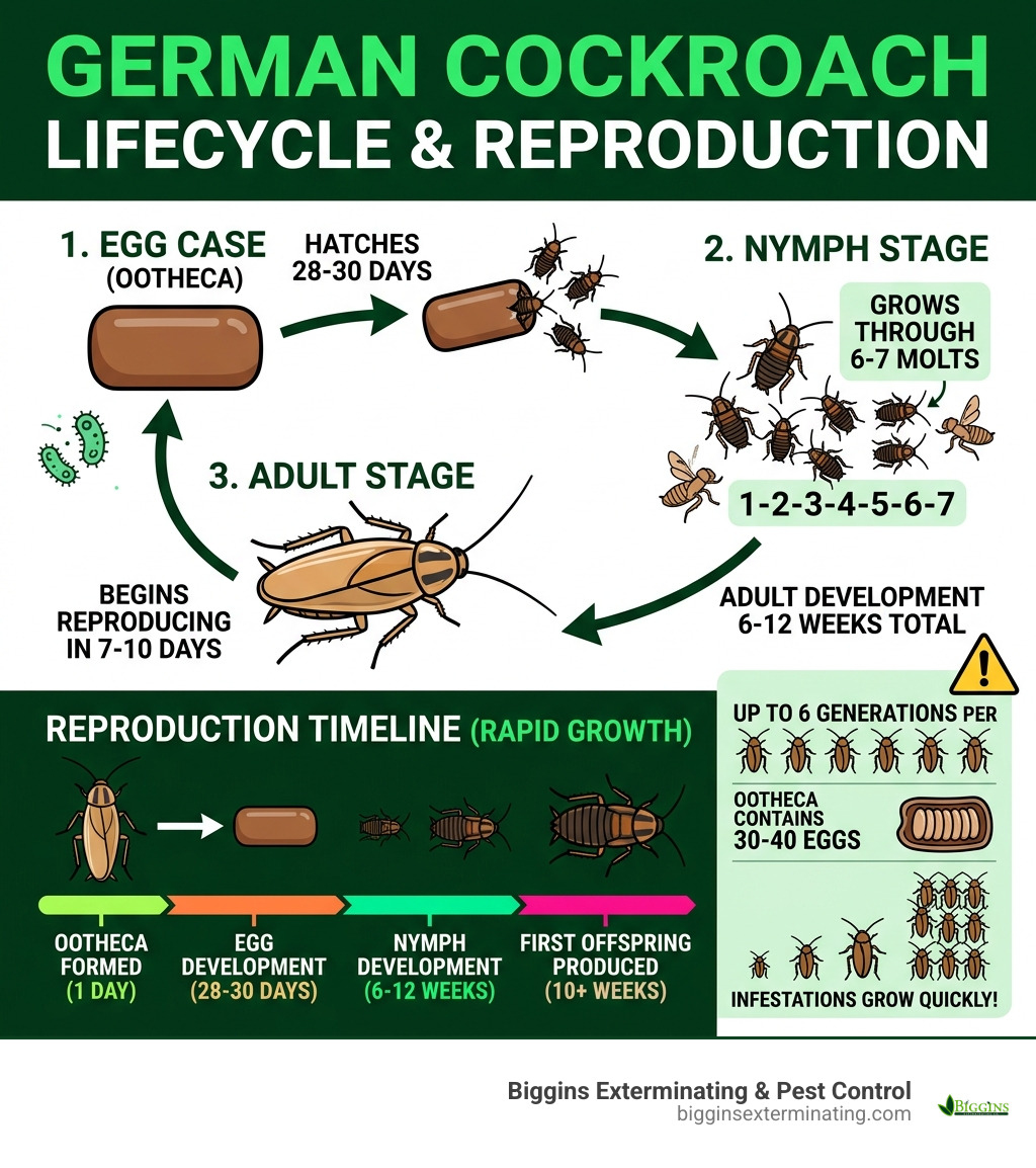 German cockroach lifecycle infographic from egg to nymph to adult with reproduction timeline - German cockroach exterminator