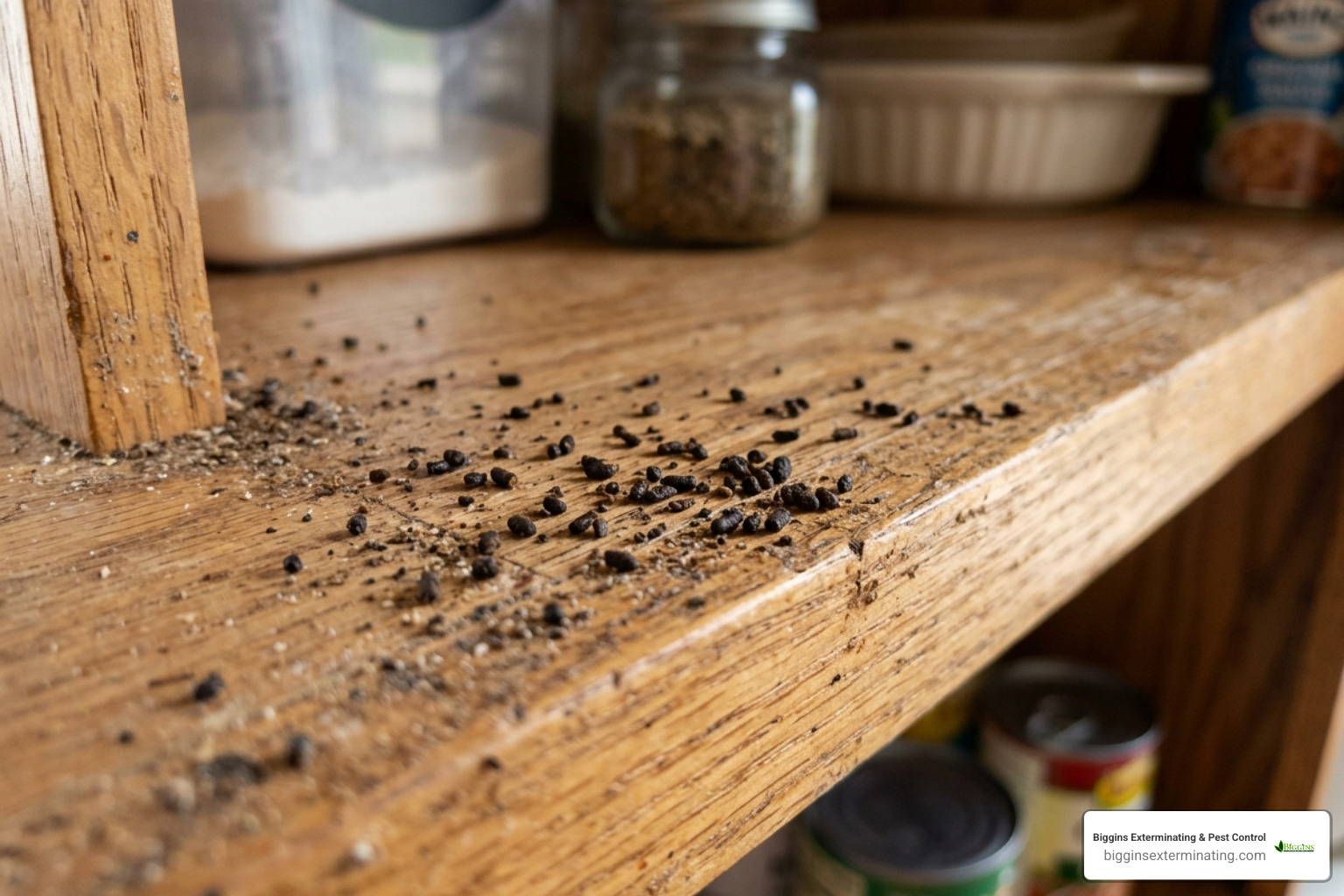 Close up of cockroach droppings on a shelf resembling black pepper flakes - German cockroach exterminator Dracut MA
