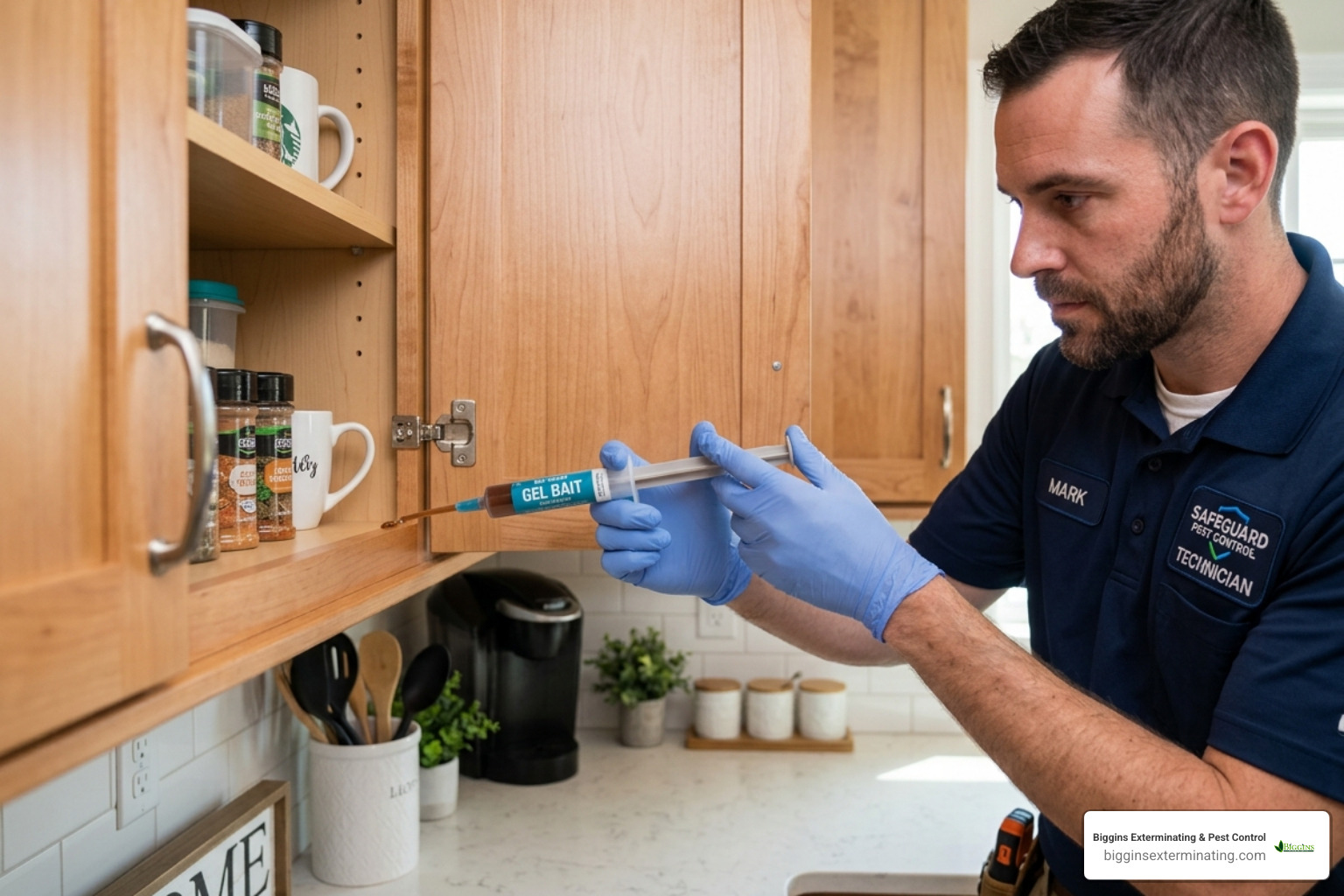 Technician applying specialized gel bait in a kitchen cabinet corner - German cockroach exterminator Dracut MA