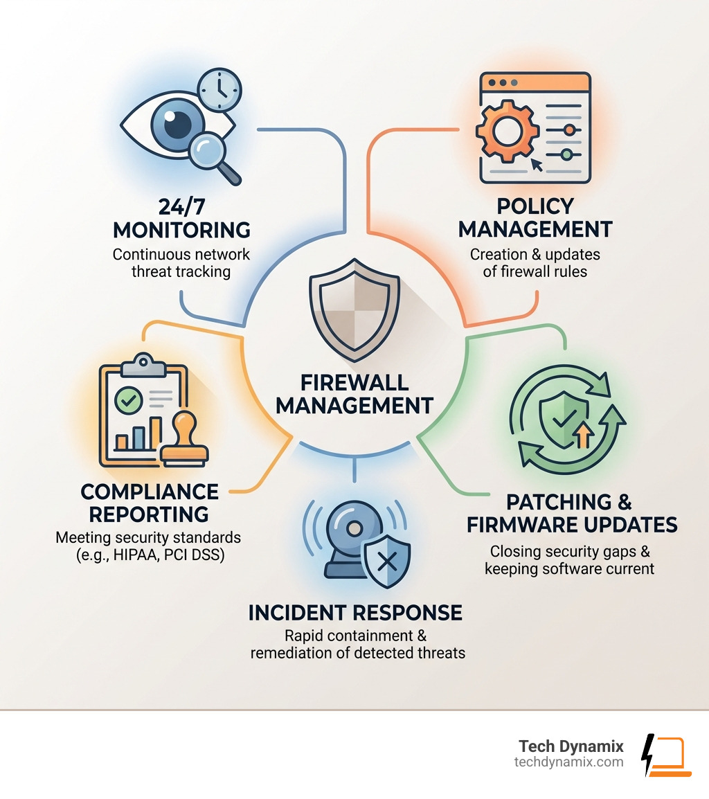 Infographic showing managed firewall service components: 24/7 monitoring, policy management, patching, incident response