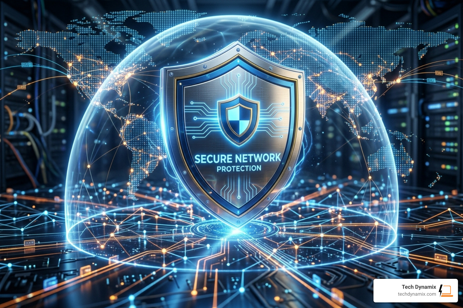 Digital shield protecting a network icon - Managed firewall service