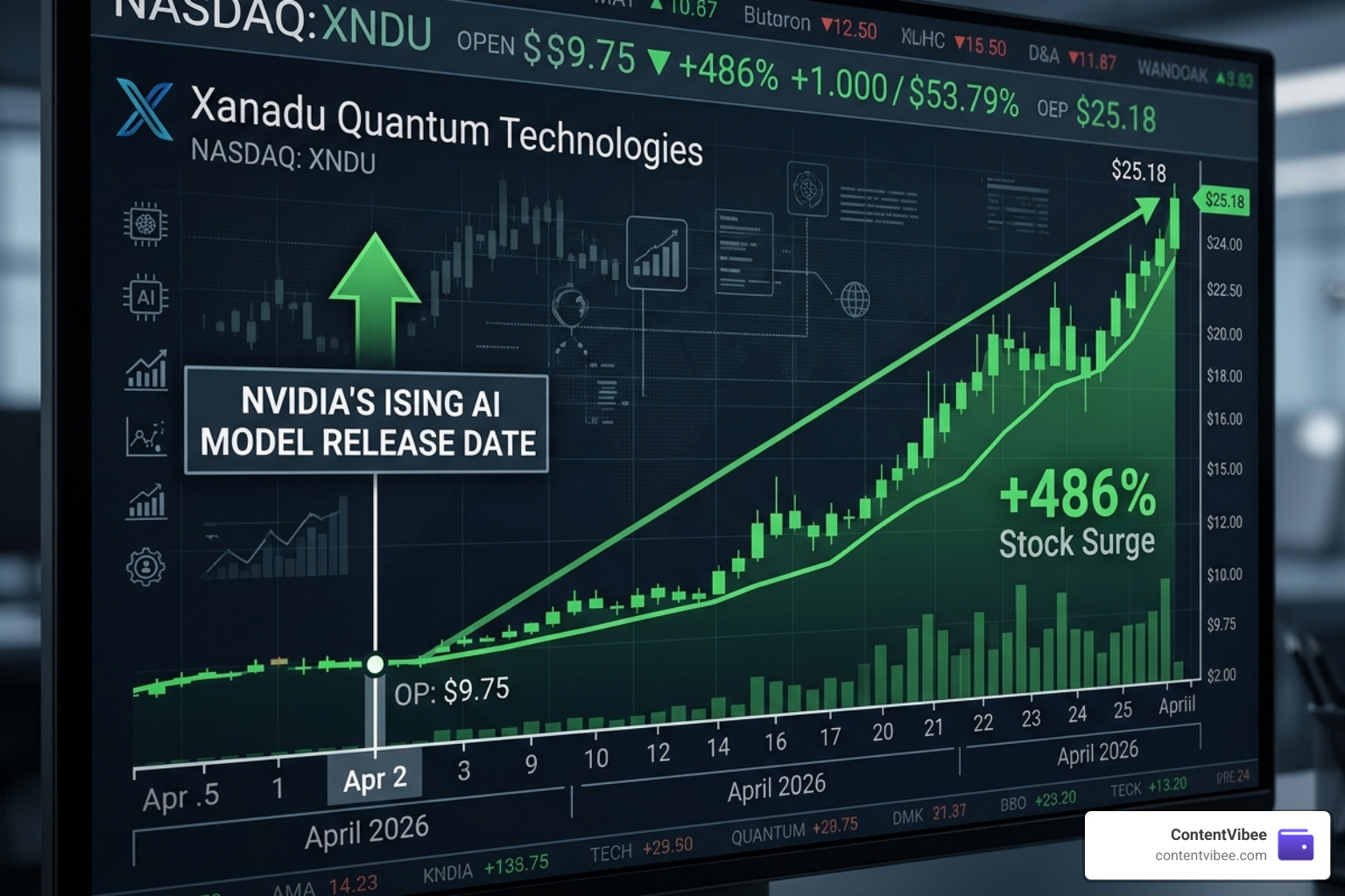 Graphic showing the timeline of Nvidia's Ising AI release and the subsequent 486% surge in Xanadu's stock price - nvidia