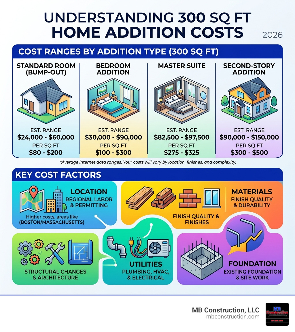 Infographic showing 300 sq ft home addition cost ranges by type and key cost factors - cost of 300 sq ft addition