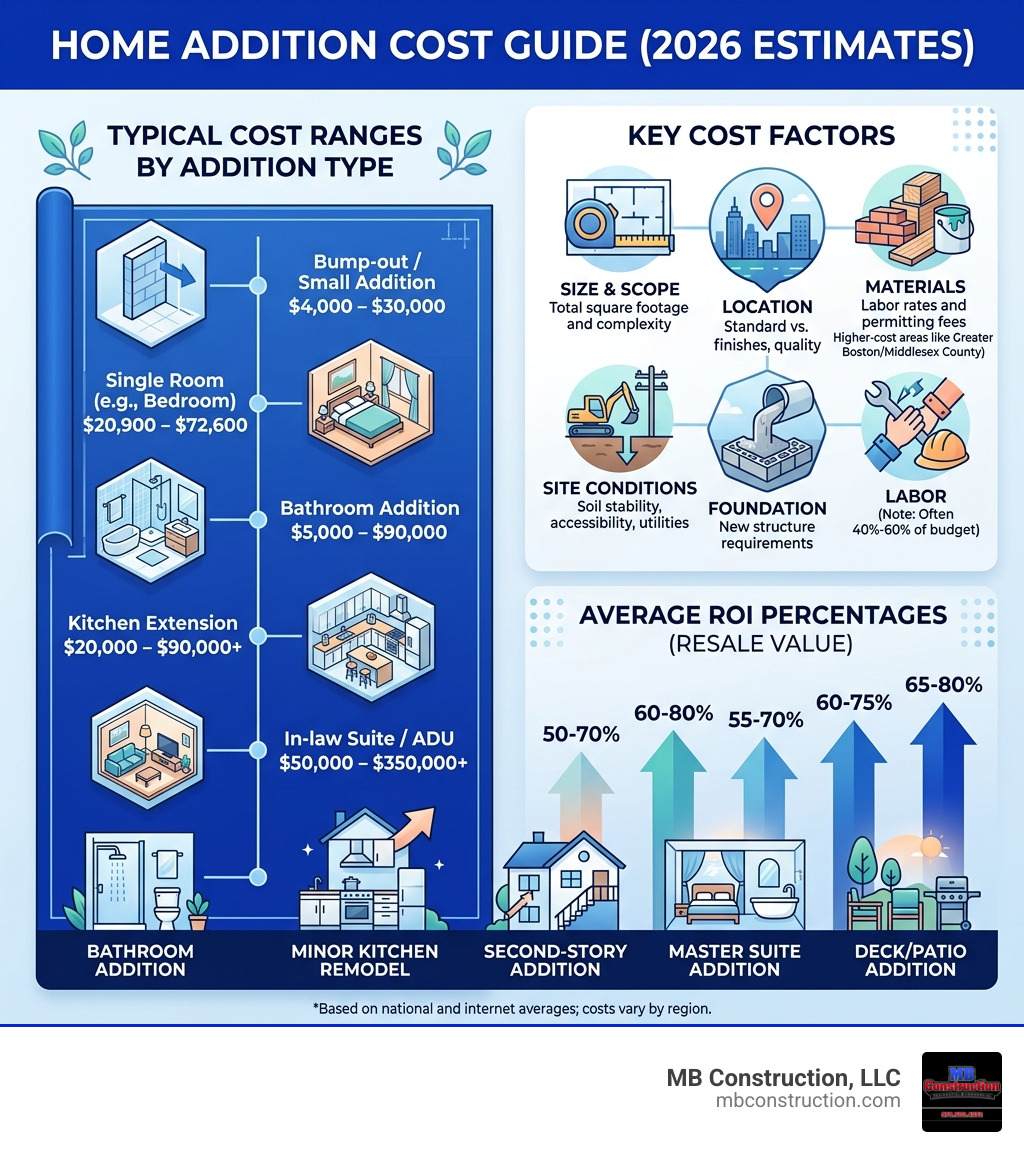Infographic showing home addition cost ranges by type, key cost factors, and average ROI percentages - house addition cost