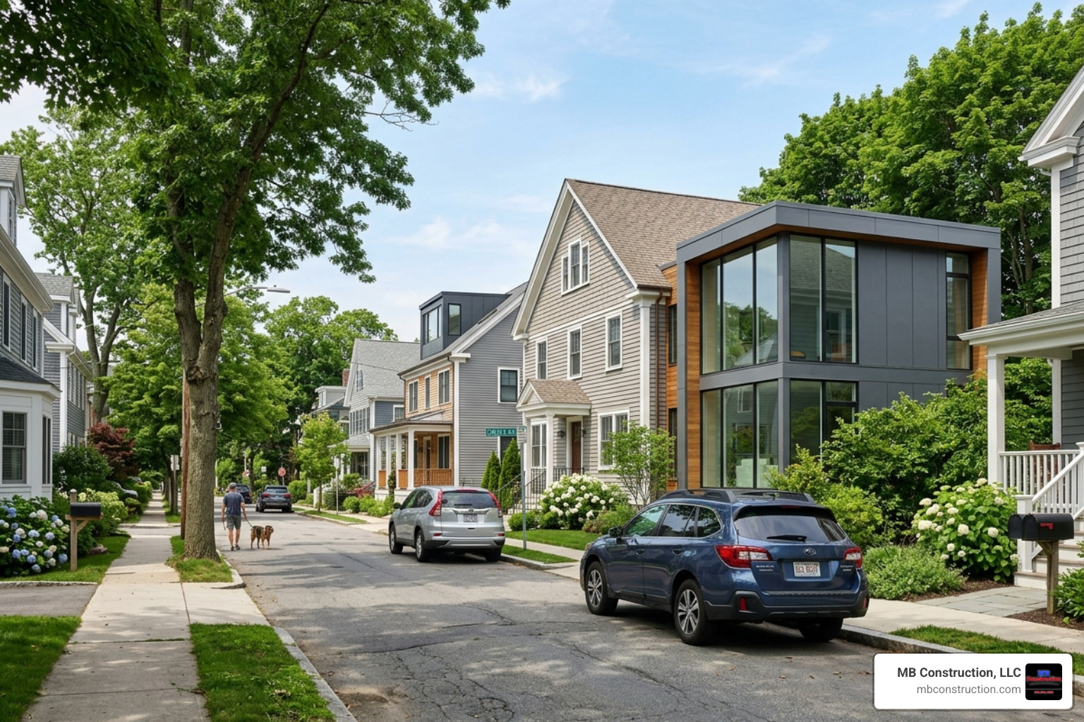 Greater Boston residential street with modern home additions - ma home addition costs