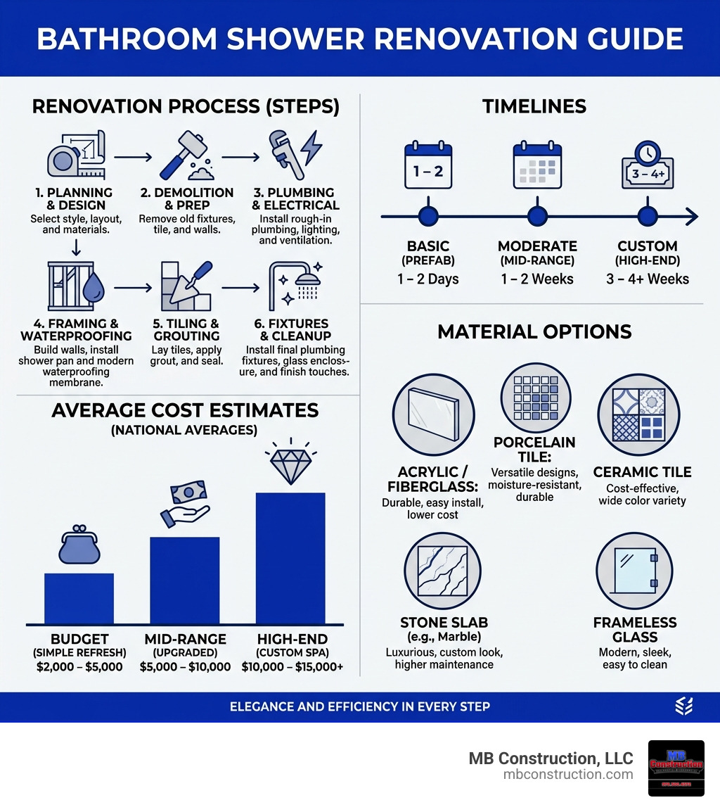 Bathroom shower renovation process infographic: steps, costs, timelines, and material options - bathroom shower renovations