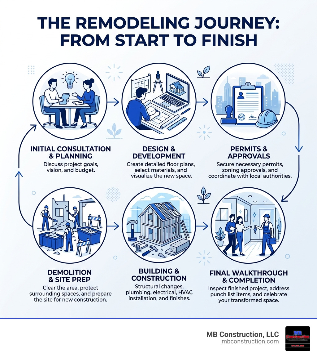 Remodeling lifecycle infographic from consultation to final walkthrough, covering design, permits, build, and completion Remodeling lifecycle infographic from consultation to final walkthrough, covering design, permits, build, and completion