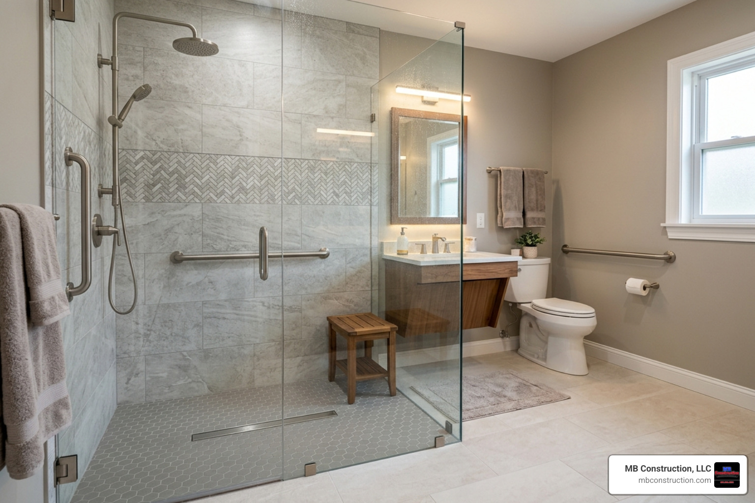 Aging-in-place bathroom featuring a curbless shower and stylish grab bars - remodeling services Aging-in-place bathroom featuring a curbless shower and stylish grab bars - remodeling services