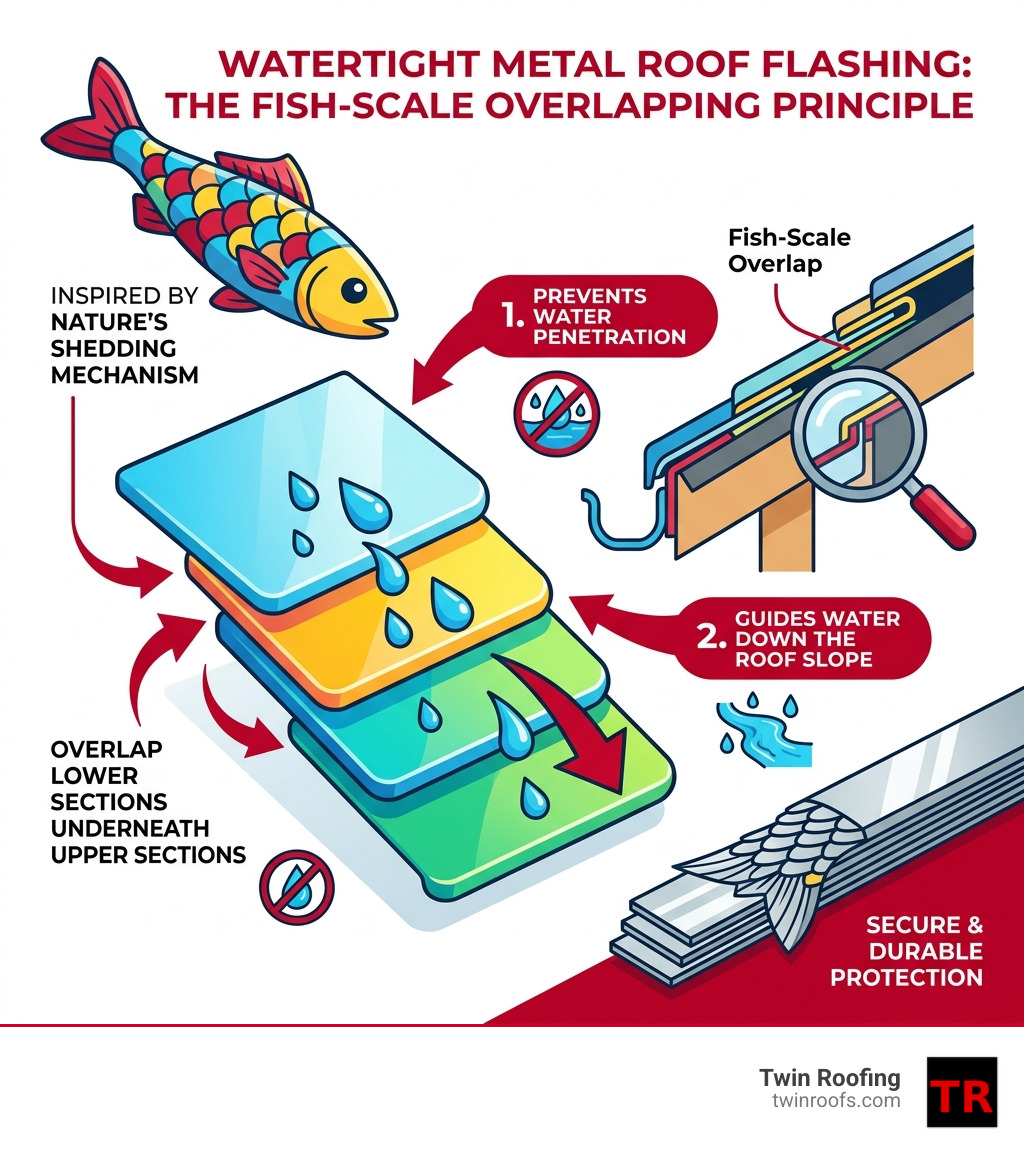 Infographic showing fish-scale overlapping principle for metal roof flashing watertightness - metal roof flashing Infographic showing fish-scale overlapping principle for metal roof flashing watertightness - metal roof flashing