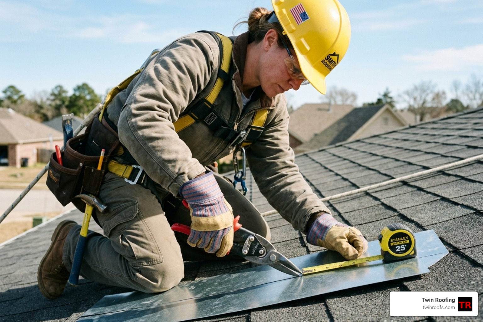 Roofer measuring and cutting flashing with tin snips - metal roof flashing installation Roofer measuring and cutting flashing with tin snips - metal roof flashing installation