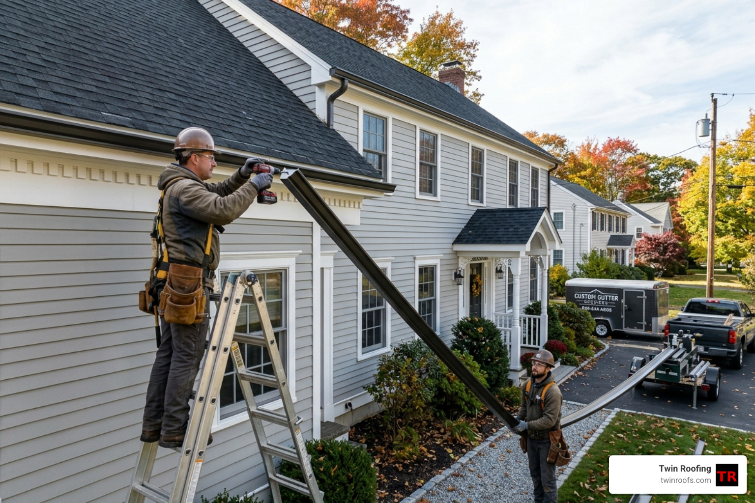 Seamless aluminum gutters in a custom color being installed on a residential property - Gutter installation Brookline MA Seamless aluminum gutters in a custom color being installed on a residential property - Gutter installation Brookline MA