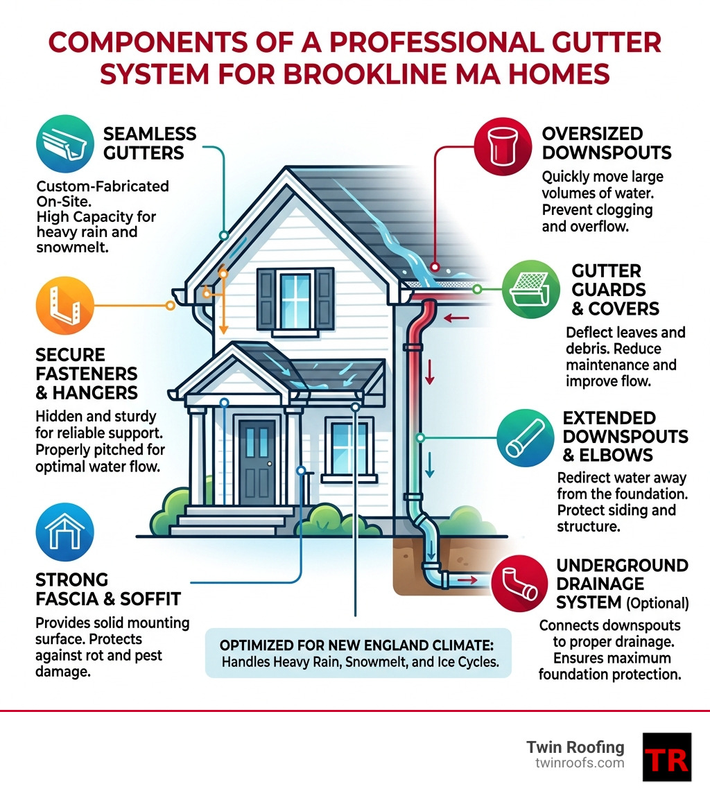 Infographic showing components of a professional gutter system for Brookline MA homes - Gutter installation Brookline MA Infographic showing components of a professional gutter system for Brookline MA homes - Gutter installation Brookline MA