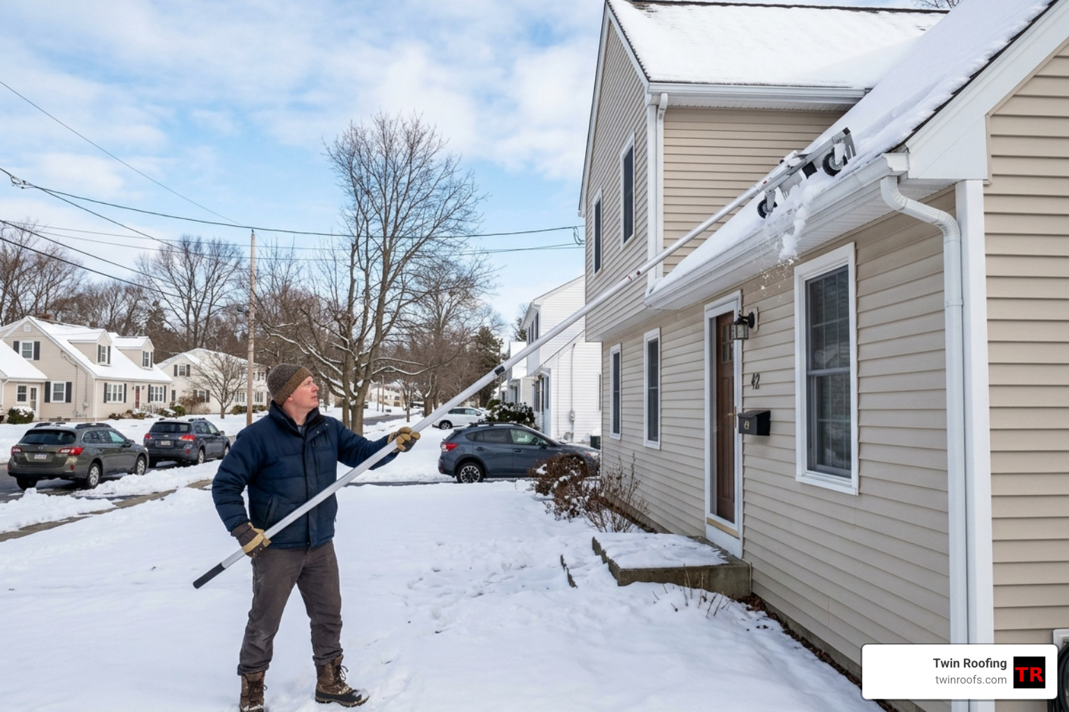 A homeowner safely using a long-handled roof rake from the ground to clear snow from the roof edge - remove ice from gutters A homeowner safely using a long-handled roof rake from the ground to clear snow from the roof edge - remove ice from gutters