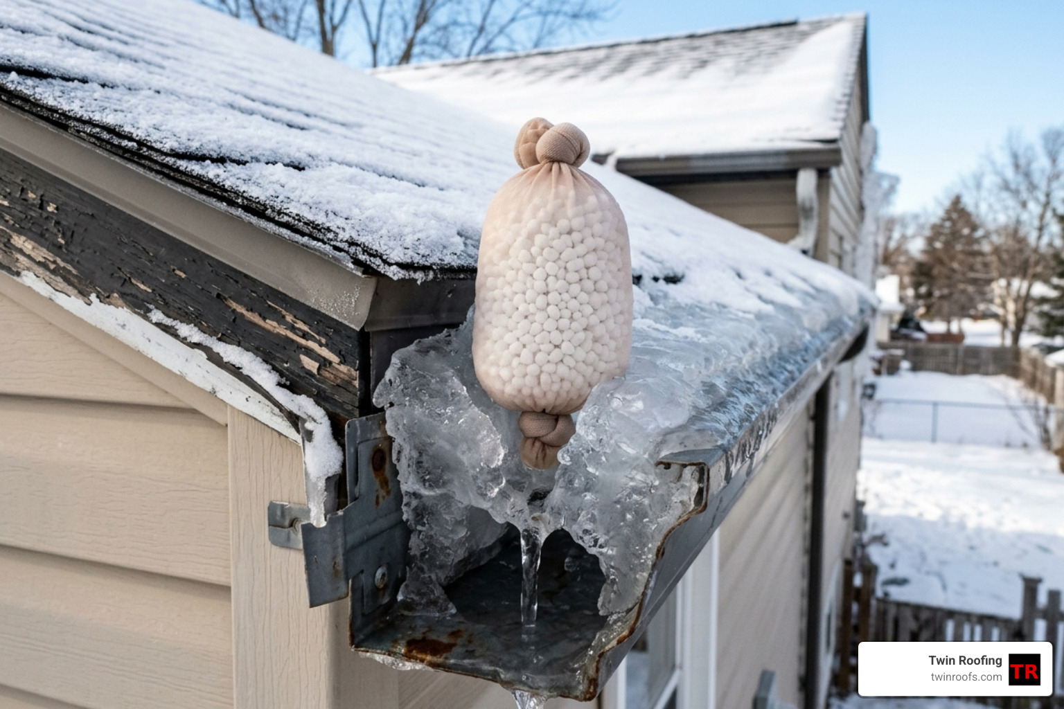 Calcium chloride stockings placed vertically across an iced-over gutter to create drainage channels - remove ice from gutters Calcium chloride stockings placed vertically across an iced-over gutter to create drainage channels - remove ice from gutters