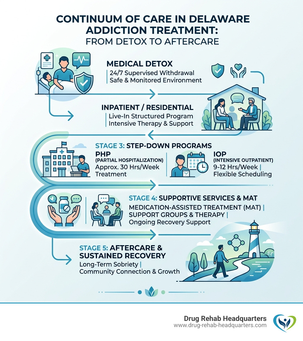 Continuum of care in Delaware addiction treatment from detox to aftercare - Delaware addiction recovery centers infographic 