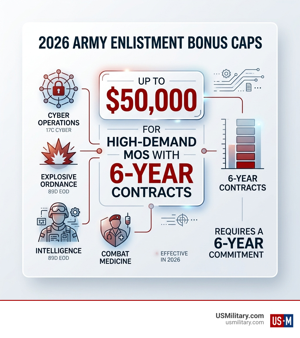 Infographic showing 2026 Enlistment Bonus Caps: up to $50,000 for high-demand MOS with 6-year contracts - army mos list