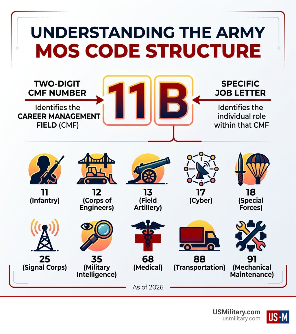 Infographic showing Army MOS code structure: two-digit CMF number plus letter, grouped into Career Management Fields - army